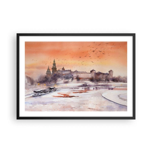Plakat w czarnej ramie - Zachód słońca nad zamkiem w zimowej scenerii - 70x50cm - Królewski zachód słońca - Nowoczesna dekoracja ścienna do salonu i sypialni ARTTOR