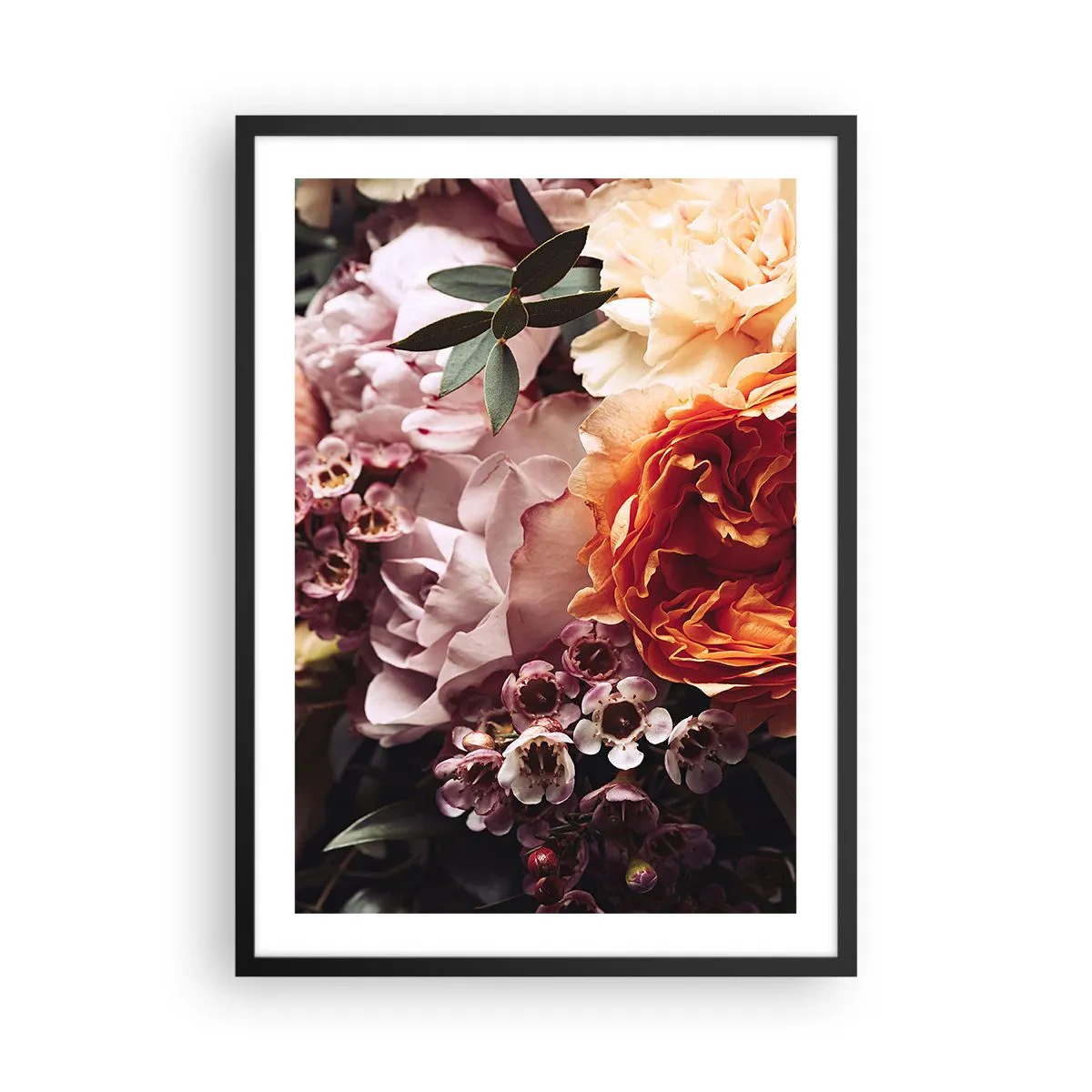 Plakat w czarnej ramie - Zbliżenie na bukiet kwiatów w odcieniach różu, pomarańczy i kremu - 50x70cm - Otulone pięknem - Nowoczesna dekoracja ścienna do salonu i sypialni ARTTOR