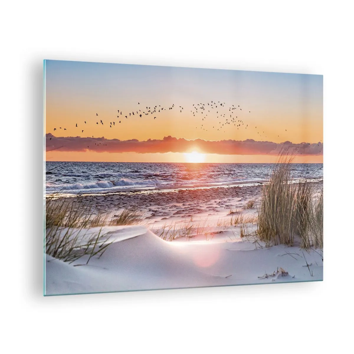 Obraz na szkle - Zachód słońca nad morzem z ptakami i piaszczystymi wydmami - 70x50cm - Pejzaż horyzontalny - Nowoczesna dekoracja ścienna do salonu i sypialni ARTTOR