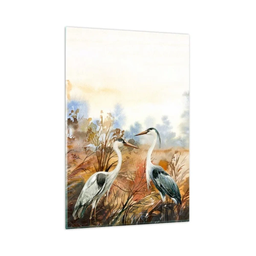 Obraz na szkle - Dwie czaple na tle jesiennego pejzażu - 80x120cm - Dokąd jesienią? - Nowoczesna dekoracja ścienna do salonu i sypialni ARTTOR