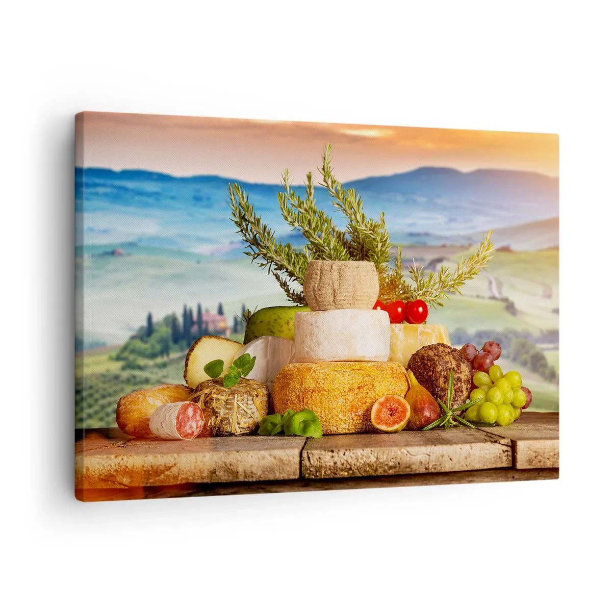 Obraz na płótnie - Kompozycja serów i owoców na tle toskańskiego krajobrazu - 70x50cm - Włoska radość życia - Nowoczesna dekoracja ścienna do salonu i sypialni ARTTOR