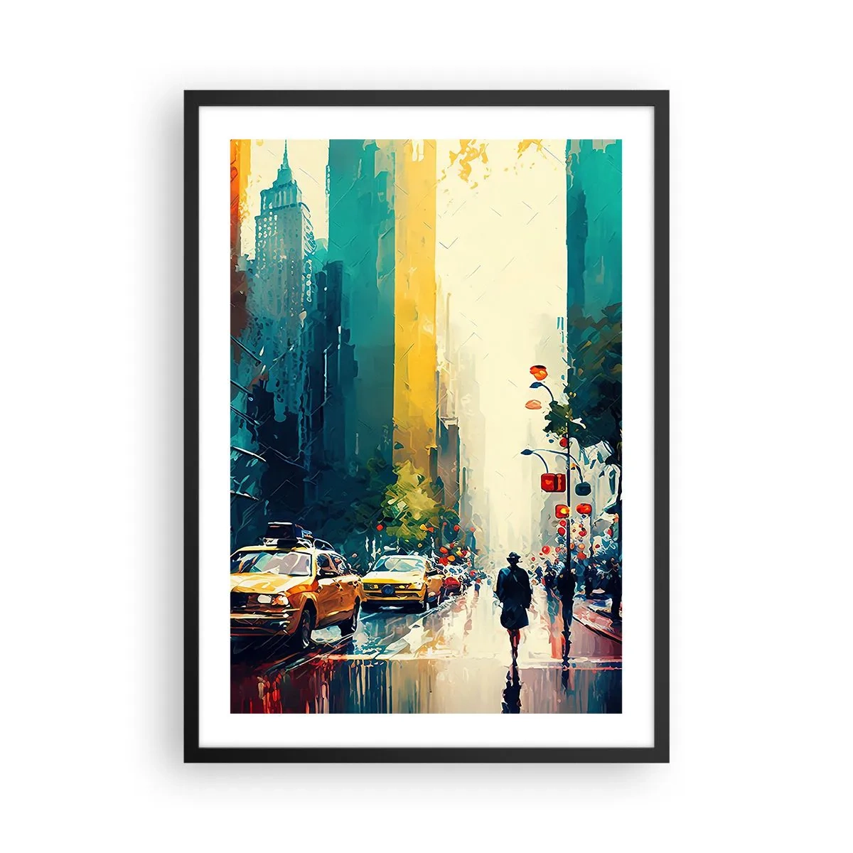 Plakat w czarnej ramie - Kolorowa ulica wielkiego miasta z żółtymi taksówkami - 50x70cm - Nowy Jork – tu nawet deszcz jest kolorowy - Nowoczesna dekoracja ścienna do salonu i sypialni ARTTOR