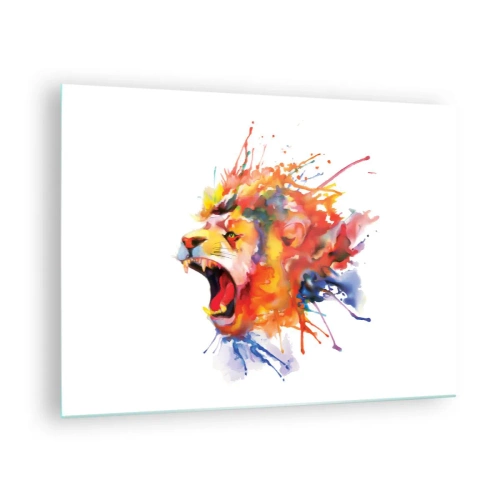 Obraz na szkle - Kolorowy lew w akwarelowym stylu na białym tle - 70x50cm - Wybuchnąć gniewem - Nowoczesna dekoracja ścienna do salonu i sypialni ARTTOR