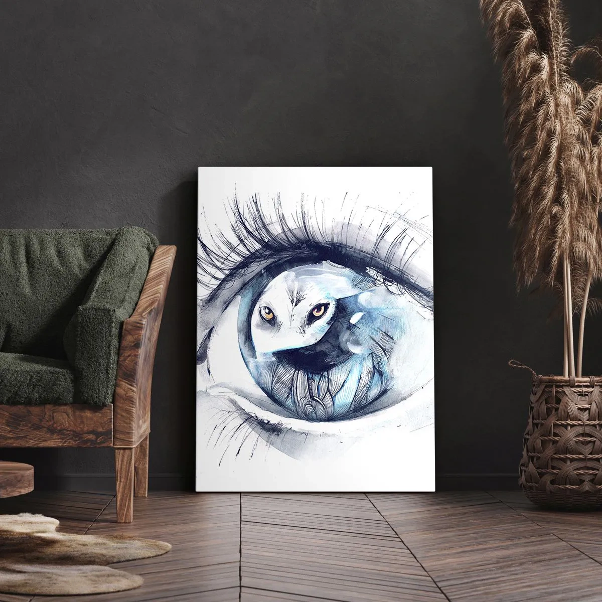 Obraz na płótnie - Ilustracja oka z ptakiem w technice akwareli - 50x70cm - Oko w oko z dzikością - Nowoczesna dekoracja ścienna do salonu, kuchni i sypialni ARTTOR