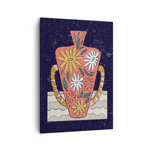 Obraz na płótnie - Ozdobny dzban w stylu retro z florystycznym wzorem na ciemnym tle - 50x70cm - Malowany dzban - Nowoczesna dekoracja ścienna do salonu, kuchni i sypialni ARTTOR