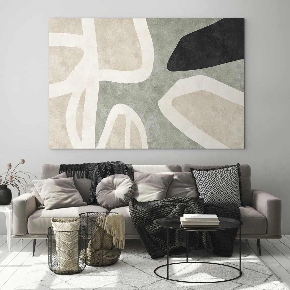 Obraz na szkle - Abstrakcyjne kształty w beżach i zieleni z akcentem czerni - 100x70cm - Kompozycja z motywem czerni - Nowoczesna dekoracja ścienna do salonu, kuchni i sypialni ARTTOR