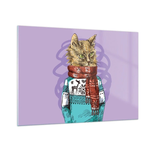 Obraz na szkle - Kot w swetrze i szaliku na fioletowym tle - 100x70cm - Kot nie tylko w butach - Nowoczesna dekoracja ścienna do salonu, kuchni i sypialni ARTTOR