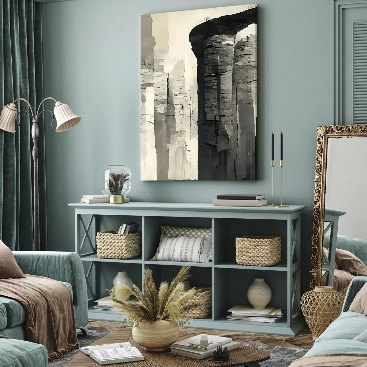 Obraz na płótnie - Grafika przedstawiająca monumentalne formacje skalne w odcieniach szarości - 50x70cm - Majestat antyku - Nowoczesna dekoracja ścienna do salonu, kuchni i sypialni ARTTOR