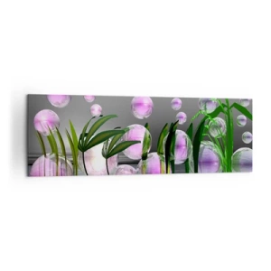 Obraz na płótnie - Zielone liście i różowe bańki nad wodą na tle szarym - 160x50cm - Refleksyjna kompozycja lekkości i życia - Nowoczesna dekoracja ścienna do salonu i sypialni ARTTOR
