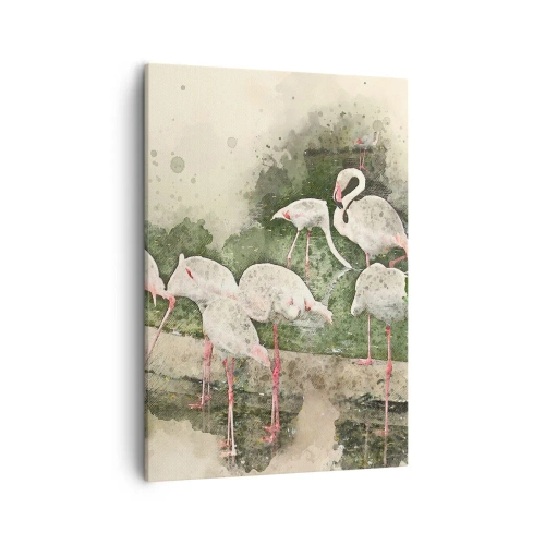 Obraz na płótnie - Stado flamingów w otoczeniu zieleni i wody - 50x70cm - Egzotyczny sen - Nowoczesna dekoracja ścienna do salonu, kuchni i sypialni ARTTOR