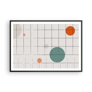 Plakat w czarnej ramie - Abstrakcyjne okręgi w kolorach na tle geometrycznej siatki - 100x70cm - Uwięzione. My czy one? - Nowoczesna dekoracja ścienna do salonu i sypialni ARTTOR
