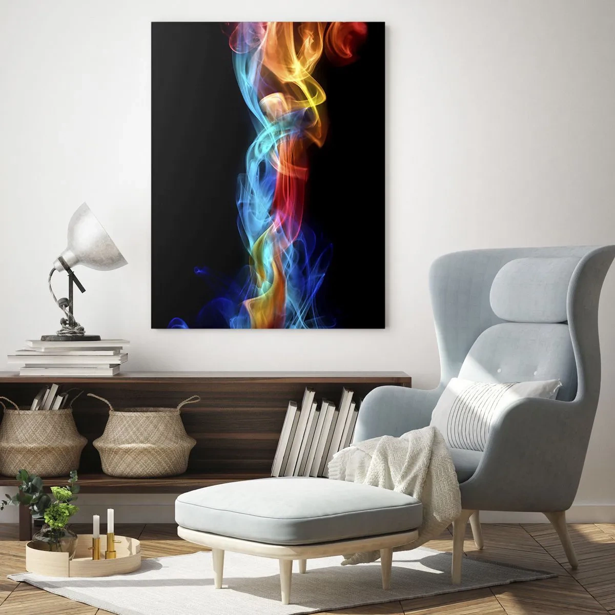Obraz na szkle - Kolorowe smugi dymu na czarnym tle tworzące abstrakcyjny wzór - 50x70cm - Tęczowy taniec mgieł - Nowoczesna dekoracja ścienna do salonu, kuchni i sypialni ARTTOR