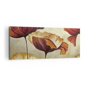 Obraz na płótnie - Subtelne kwiaty w odcieniach czerwieni i złota na jasnym tle - 120x50cm - Łąki łan - Nowoczesna dekoracja ścienna do salonu i sypialni ARTTOR