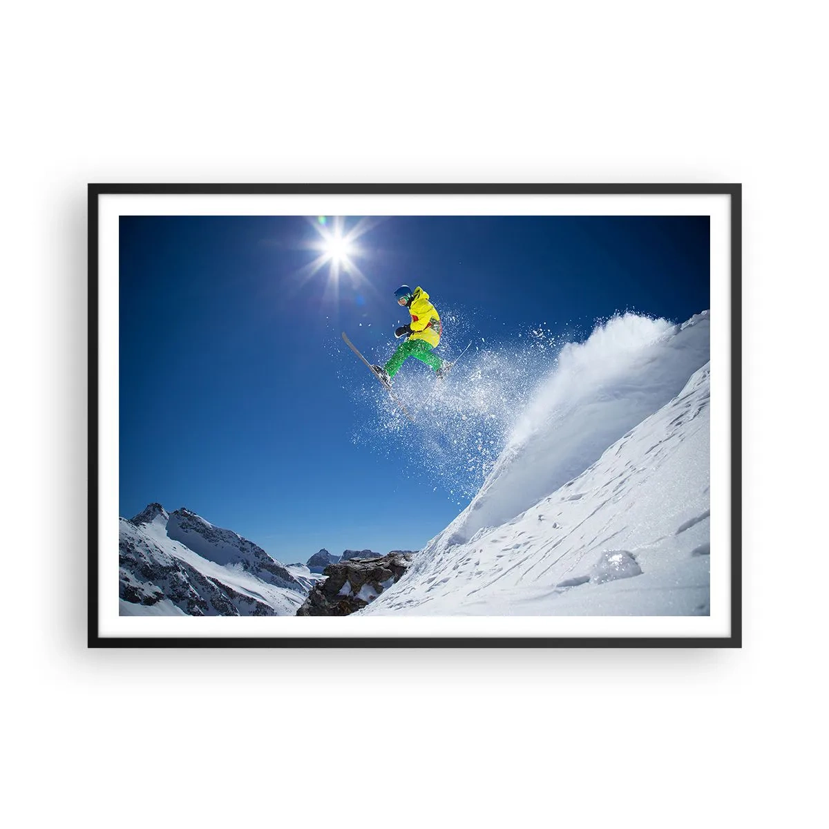 Plakat w czarnej ramie - Narciarz w powietrzu na tle gór - 100x70cm - Tańczący z górami - Nowoczesna dekoracja ścienna do salonu i sypialni ARTTOR