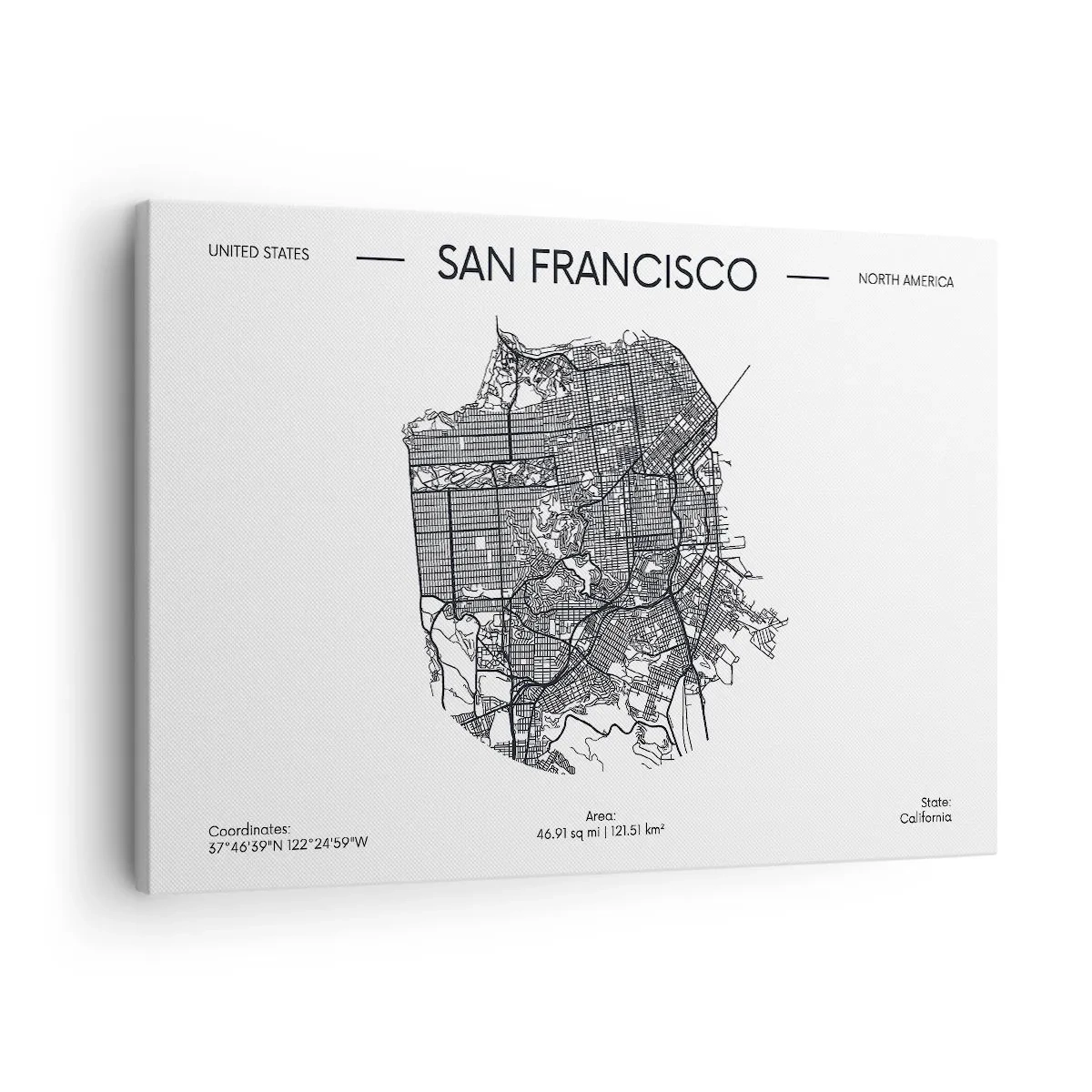 Obraz na płótnie - Mapa San Francisco w czarno-białym stylu minimalistycznym - 70x50cm - Anatomia San Francisco - Nowoczesna dekoracja ścienna do salonu i sypialni ARTTOR