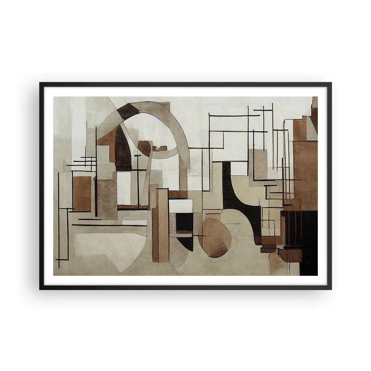 Plakat w czarnej ramie - Architektoniczna abstrakcja w beżach i brązach - 100x70cm - Pejzaż miejski 2.0 - Nowoczesna dekoracja ścienna do salonu i sypialni ARTTOR