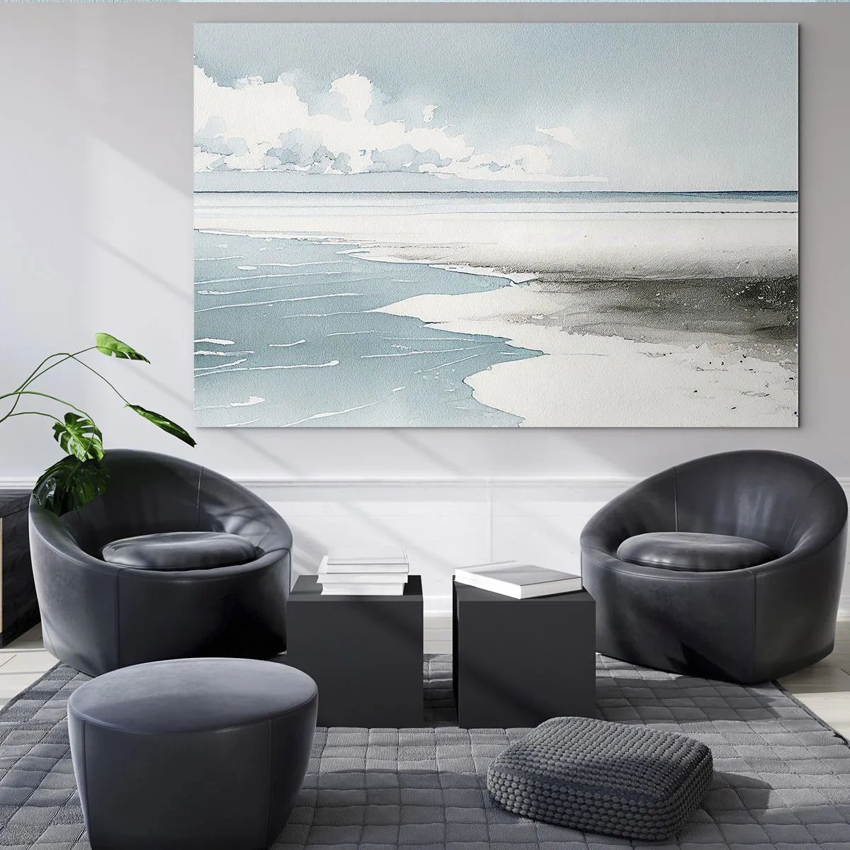 Obraz na szkle - Spokojny morski krajobraz w stylu akwarelowym w odcieniach błękitu - 70x50cm - Łagodny przypływ - Nowoczesna dekoracja ścienna do salonu i sypialni ARTTOR