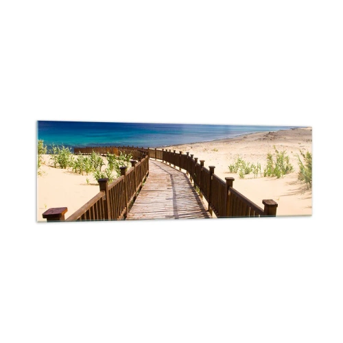 Obraz na szkle - Drewniana ścieżka prowadząca na plażę z widokiem na ocean - 160x50cm - Zabierz mnie na wyspy szczęśliwe - Nowoczesna dekoracja ścienna do salonu i sypialni ARTTOR