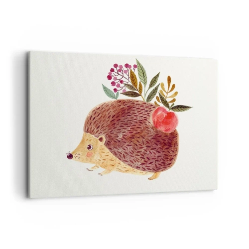 Obraz na płótnie - Uroczy jeżyk z jabłkiem i roślinami w ilustracyjnym stylu - 100x70cm - I już mnie lubisz - Nowoczesna dekoracja ścienna do salonu, kuchni i sypialni ARTTOR