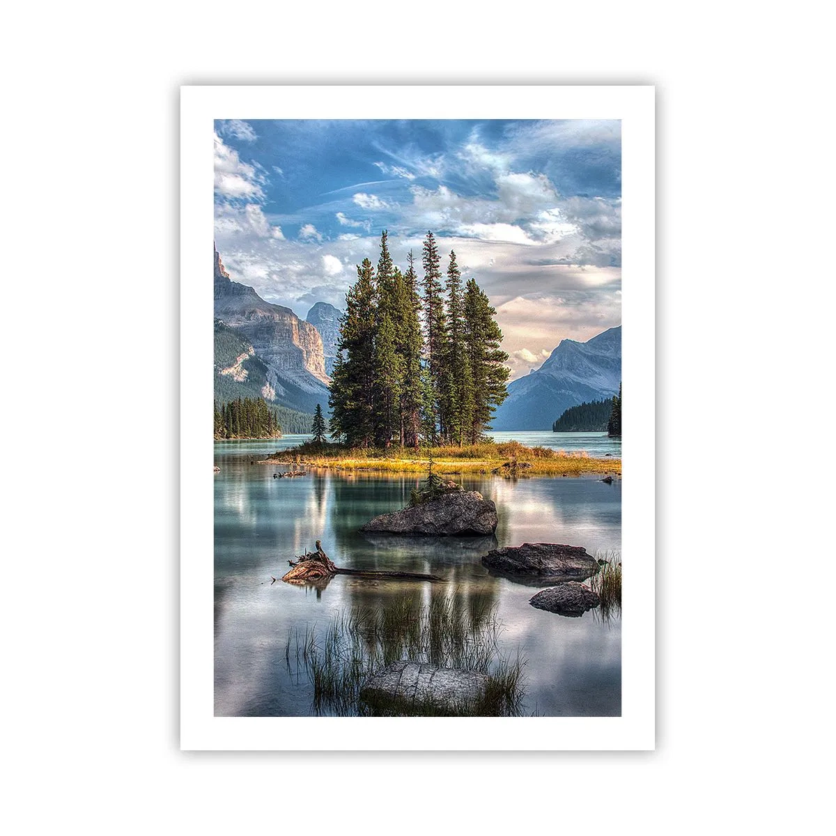 Plakat - Górski krajobraz z wyspą otoczoną spokojnym jeziorem - 50x70cm - Nad wodą wielką i czystą… - Nowoczesna dekoracja ścienna do salonu, kuchni i sypialni ARTTOR