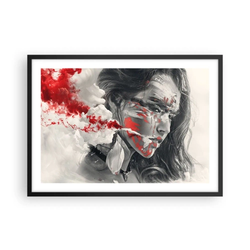 Plakat w czarnej ramie - Artystyczny portret kobiety z abstrakcyjnymi czerwonymi akcentami - 70x50cm - W oparach absurdu - Nowoczesna dekoracja ścienna do salonu i sypialni ARTTOR