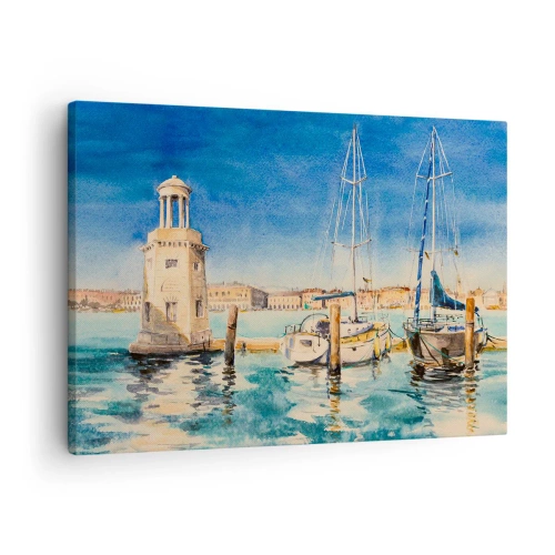 Obraz na płótnie - Marina z łodziami na tle błękitnej laguny - 70x50cm - Słoneczna laguna - Nowoczesna dekoracja ścienna do salonu i sypialni ARTTOR