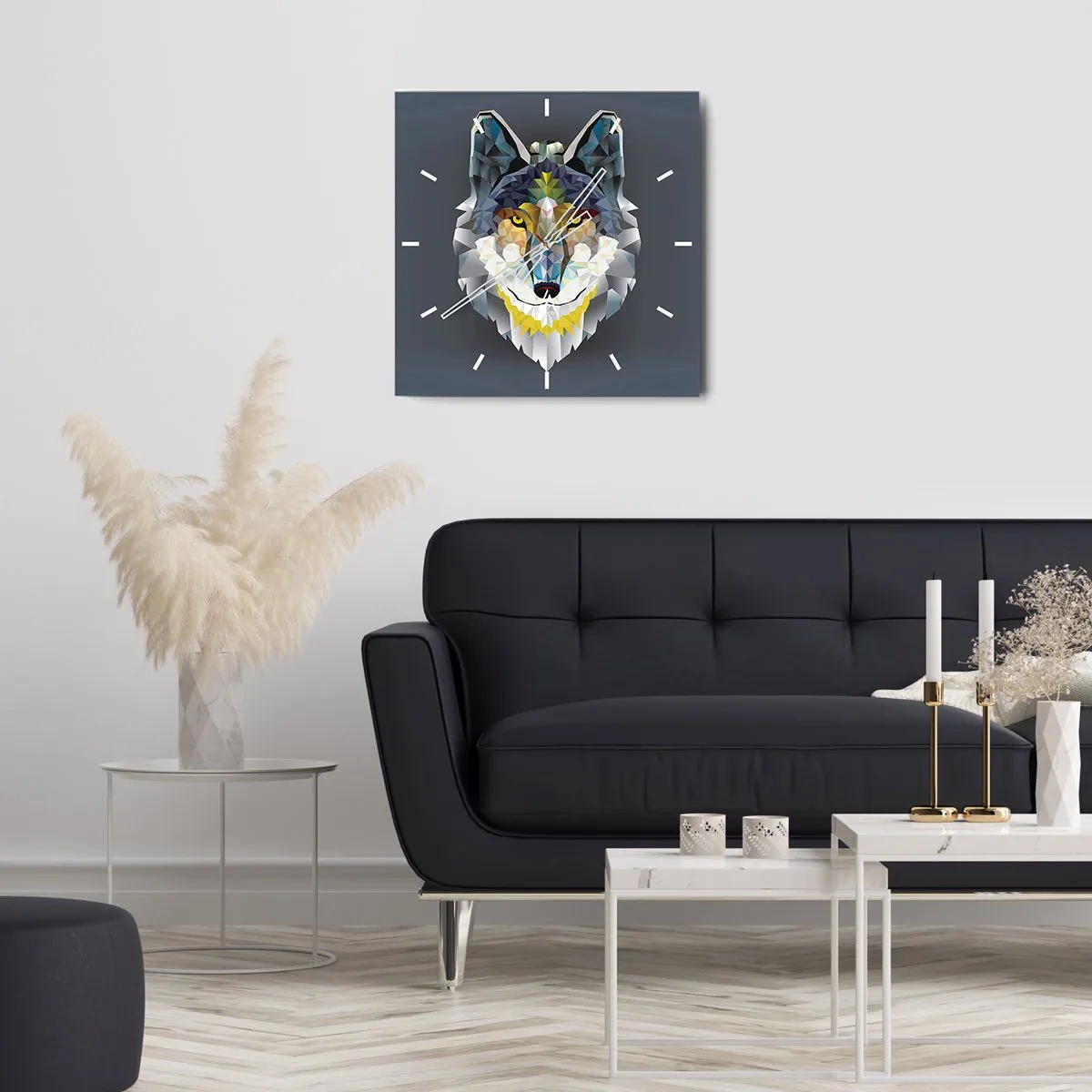Zegar ścienny - Geometryczny wizerunek wilka na szarym tle - 30x30cm - O wilku mowa - Nowoczesna dekoracja ścienna do salonu i sypialni ARTTOR