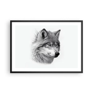 Plakat w czarnej ramie - Realistyczny portret wilka w odcieniach szarości - 70x50cm - Alfa – bez wątpienia - Nowoczesna dekoracja ścienna do salonu i sypialni ARTTOR