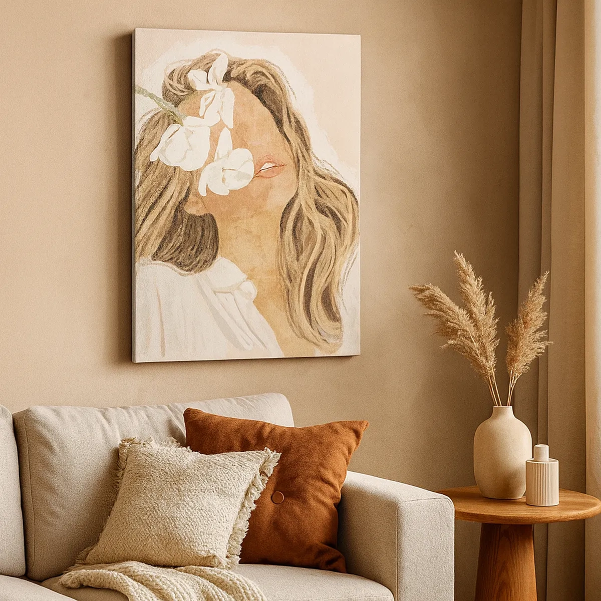 Obraz na płótnie - Delikatna kobieca sylwetka z kwiatami w naturalnych odcieniach - 50x70cm - Wśród kwiatów w uniesieniu - Nowoczesna dekoracja ścienna do salonu, kuchni i sypialni ARTTOR