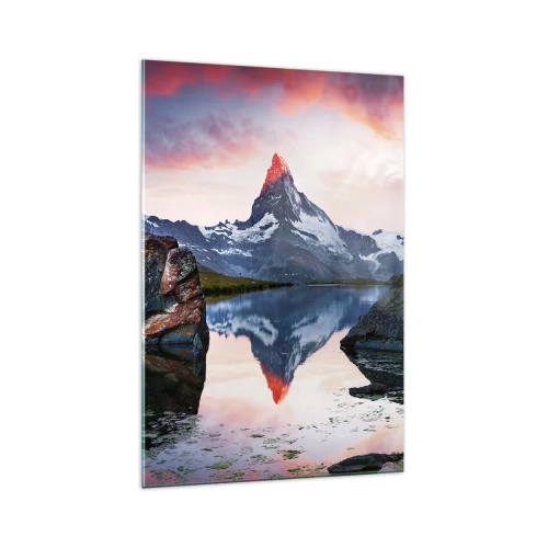 Obraz na szkle - Górski szczyt odbijający się w jeziorze o zachodzie słońca - 70x100cm - Serce gór jest gorące - Nowoczesna dekoracja ścienna do salonu i sypialni ARTTOR