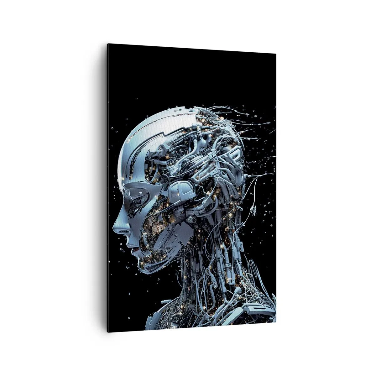 Obraz na płótnie - Futurystyczny portret cyborga w industrialnym stylu na czarnym tle - 80x120cm - Technologia jest kobietą - Nowoczesna dekoracja ścienna do salonu i sypialni ARTTOR