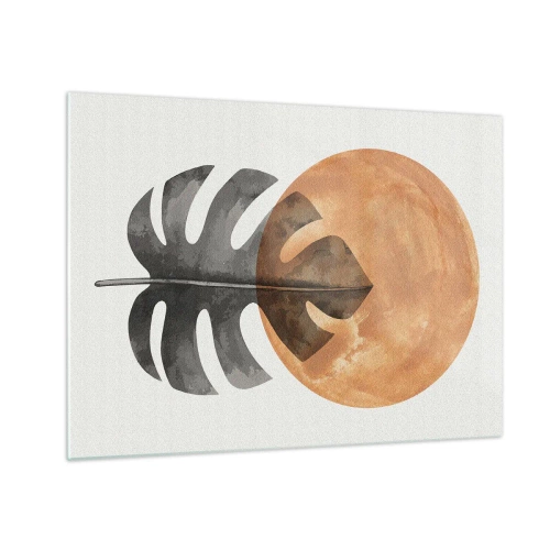 Obraz na szkle - Liść monstery i pomarańczowe koło w stylu graficznym na białym tle - 70x50cm - Zawsze słońce - Nowoczesna dekoracja ścienna do salonu i sypialni ARTTOR
