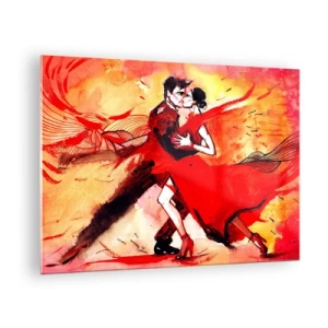 Obraz na szkle - Taniec pary w dynamicznej czerwonej kompozycji - 70x50cm - Purpurowy rytm namiętności - Nowoczesna dekoracja ścienna do salonu i sypialni ARTTOR