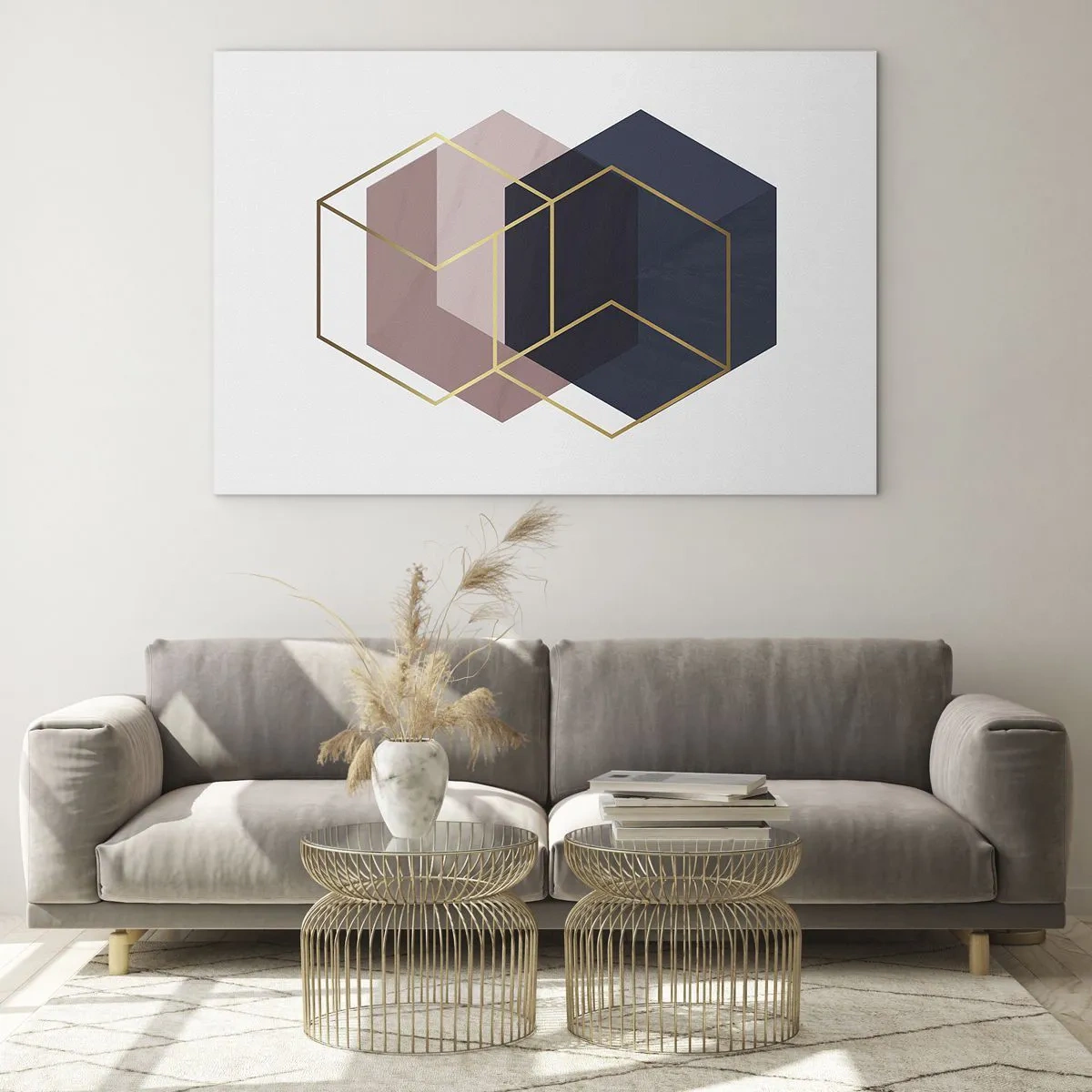 Obraz na szkle - Złote kontury sześcianów na tle granatowo-różowych brył - 70x50cm - Siła prostoty - Nowoczesna dekoracja ścienna do salonu i sypialni ARTTOR