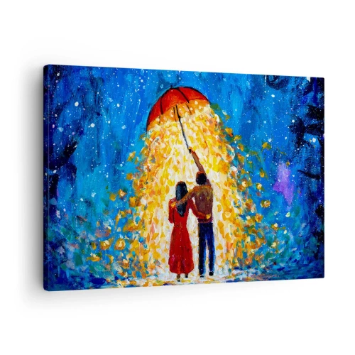 Obraz na płótnie - Para pod czerwonym parasolem w świetlistym deszczu - 70x50cm - Magia deszczowego wieczoru? - Nowoczesna dekoracja ścienna do salonu i sypialni ARTTOR