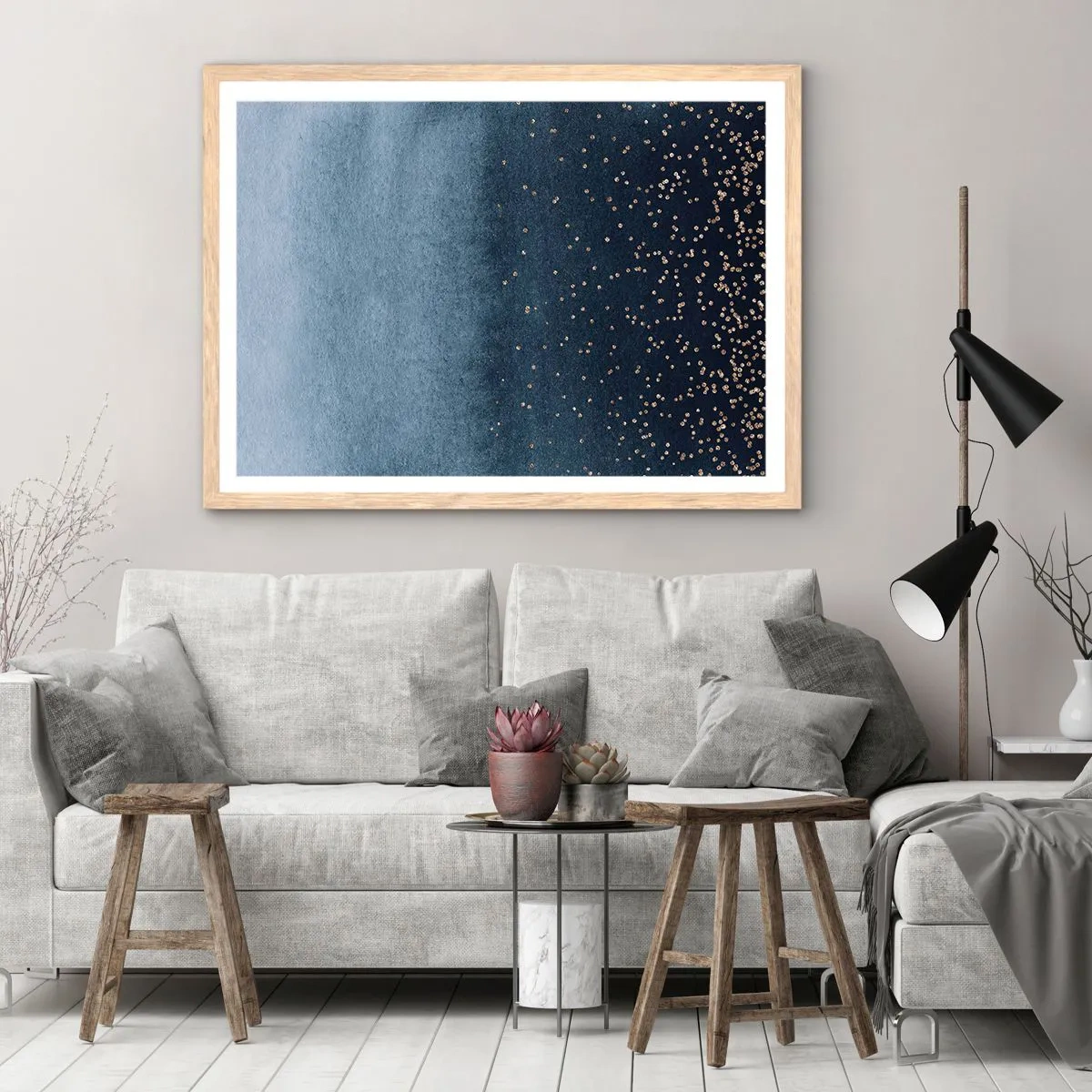 Plakat w ramie jasny dąb - Kompozycja – niebieskie fazy - 100x70 cm