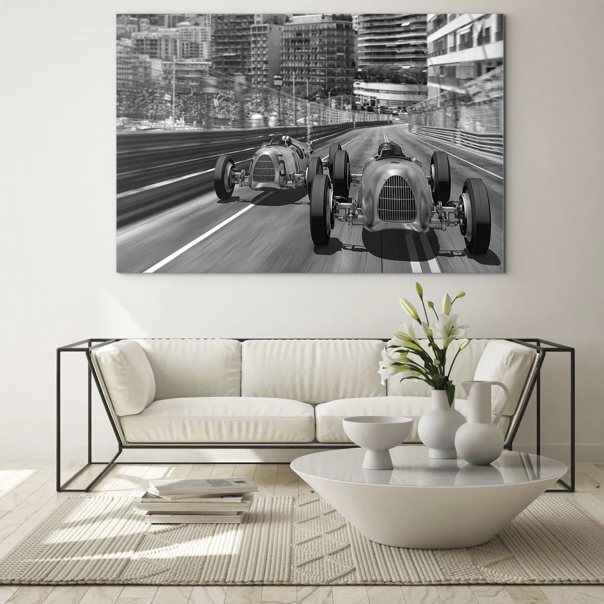 Obraz na szkle - Historyczny wyścig samochodowy w czerni i bieli - 70x50cm - Dawno temu w Monte Carlo - Nowoczesna dekoracja ścienna do salonu i sypialni ARTTOR