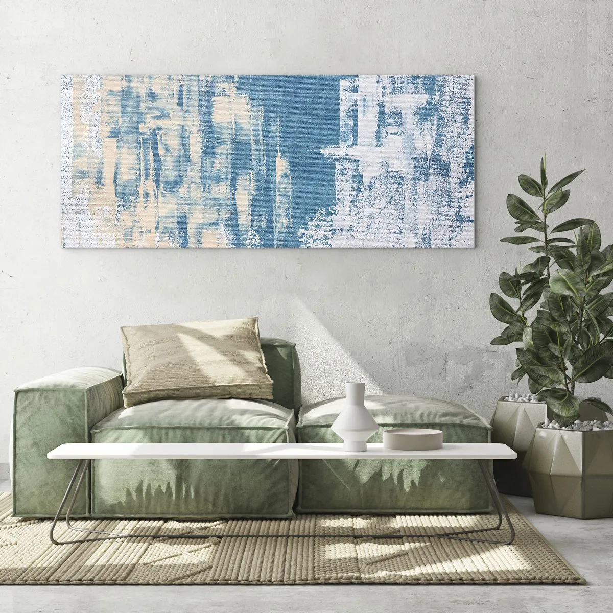 Obraz na szkle - Abstrakcyjna kompozycja w odcieniach błękitu i bieli - 120x50cm - Przez lodowy sopel - Nowoczesna dekoracja ścienna do salonu i sypialni ARTTOR