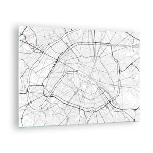 Obraz na szkle - Czarno-biała mapa miasta z siatką ulic i okrężnymi arteriami - 70x50cm - Kwiat Paryża - Nowoczesna dekoracja ścienna do salonu i sypialni ARTTOR