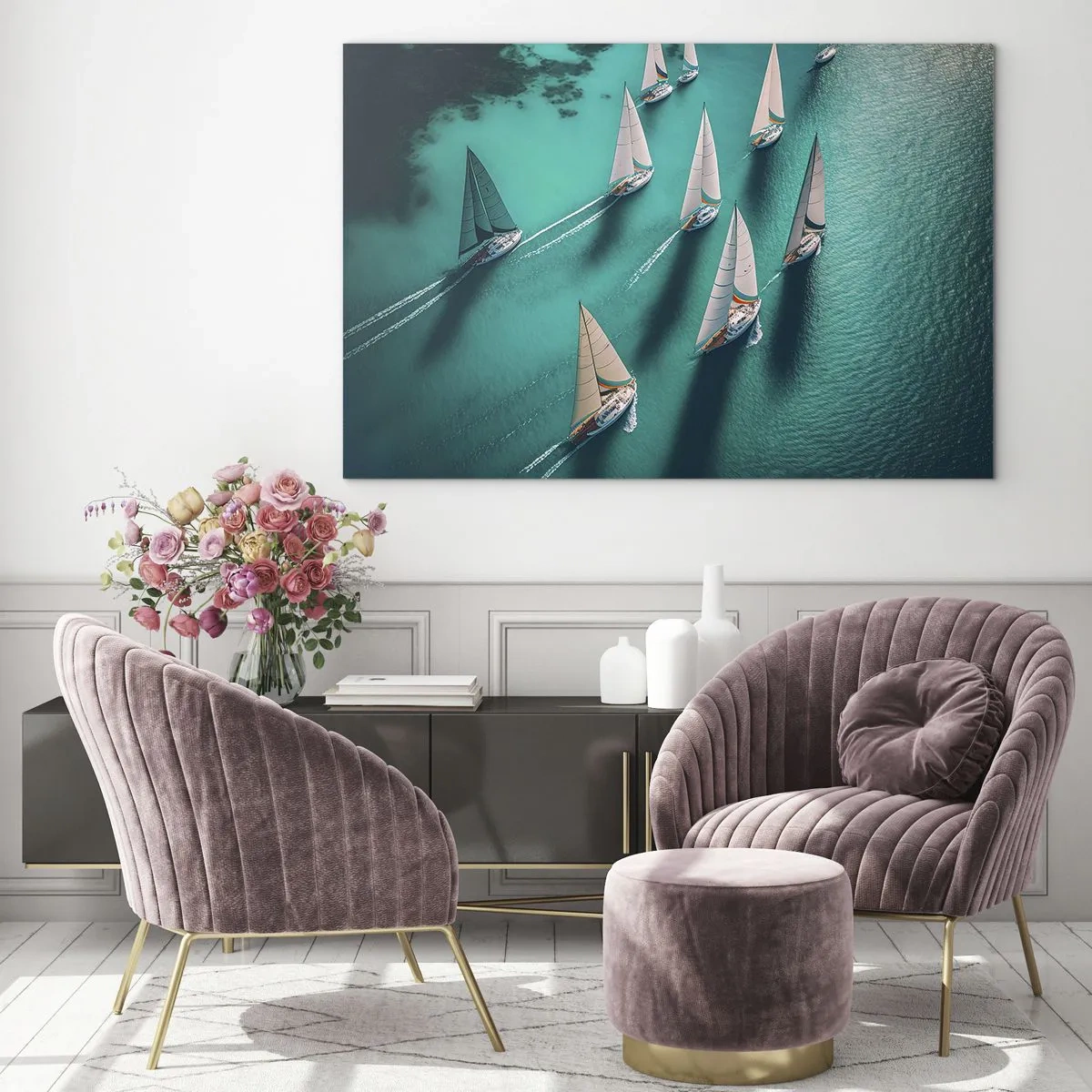 Obraz na szkle - Żaglówki na turkusowej wodzie uchwycone z lotu ptaka - 70x50cm - W zawody z wiatrem - Nowoczesna dekoracja ścienna do salonu i sypialni ARTTOR