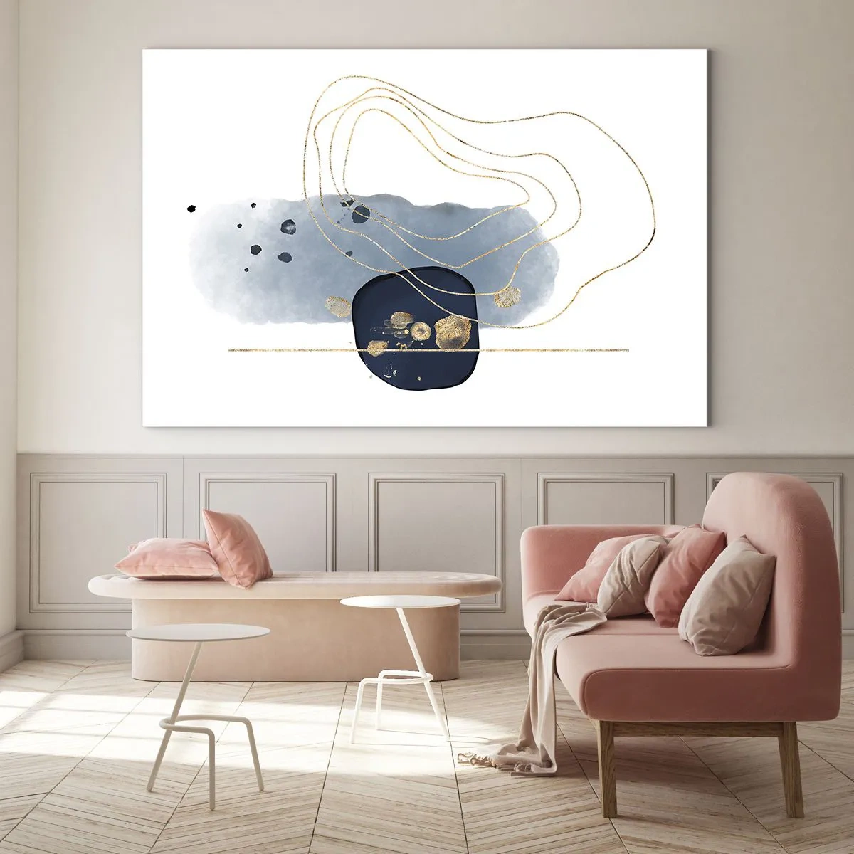 Obraz na szkle - Abstrakcyjna kompozycja w niebiesko-złotej tonacji - 70x50cm - Niebiesko-złota fantazja - Nowoczesna dekoracja ścienna do salonu i sypialni ARTTOR