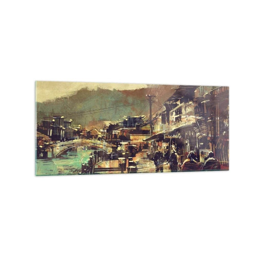 Obraz na szkle - Miasteczko z mostem i uliczkami w artystycznym stylu - 120x50cm - Życie jako bogactwo szarości - Nowoczesna dekoracja ścienna do salonu i sypialni ARTTOR