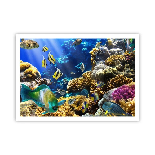 Plakat - Kolorowa rafa koralowa z tropikalnymi rybami w głębinach oceanu - 100x70cm - Duży ruch na wakacyjnym szlaku - Nowoczesna dekoracja ścienna do salonu i sypialni ARTTOR