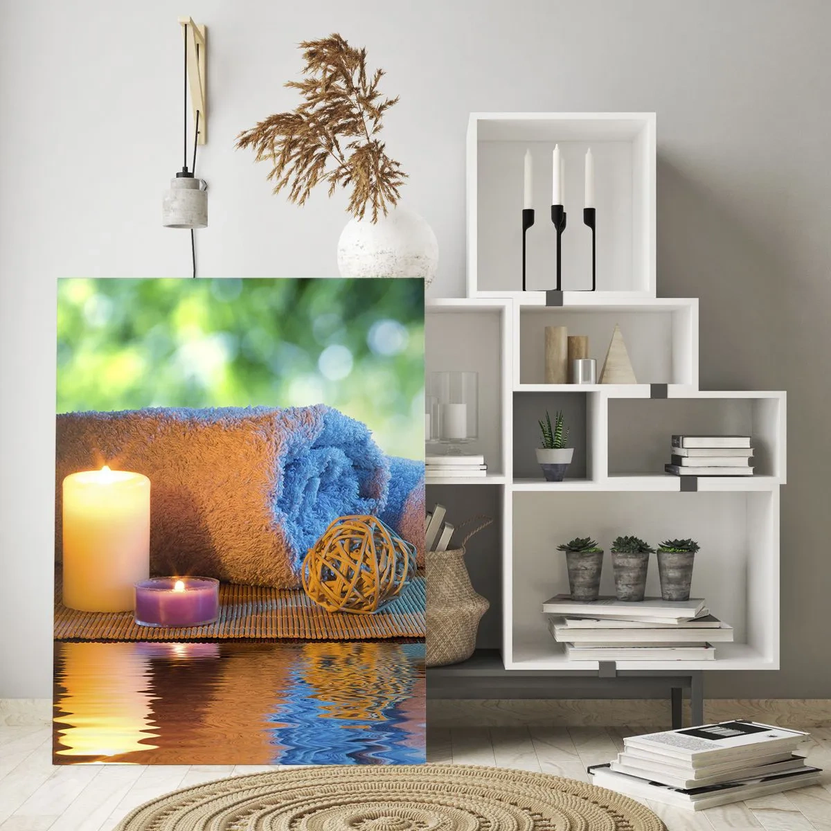 Obraz na szkle - Spa z ręcznikami, świecami i kamieniami na tle natury - 50x70cm - Czas dla ciała - Nowoczesna dekoracja ścienna do salonu, kuchni i sypialni ARTTOR