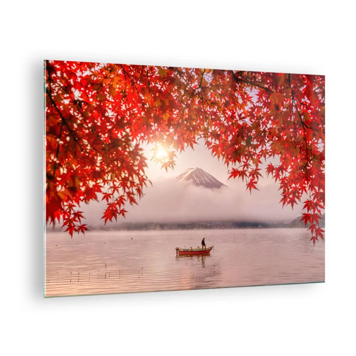 Obraz na szkle - Góra Fuji z łódką na jeziorze otoczonym czerwonymi liśćmi - 70x50cm - W japońskim klimacie - Nowoczesna dekoracja ścienna do salonu i sypialni ARTTOR