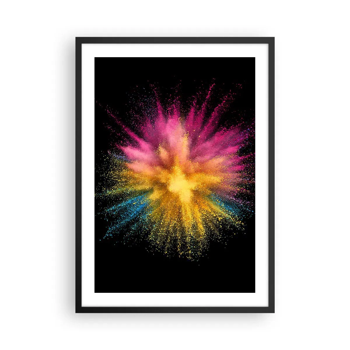 Plakat w czarnej ramie - Eksplozja kolorowego proszku na czarnym tle - 50x70cm - Narodziny barw - Nowoczesna dekoracja ścienna do salonu i sypialni ARTTOR