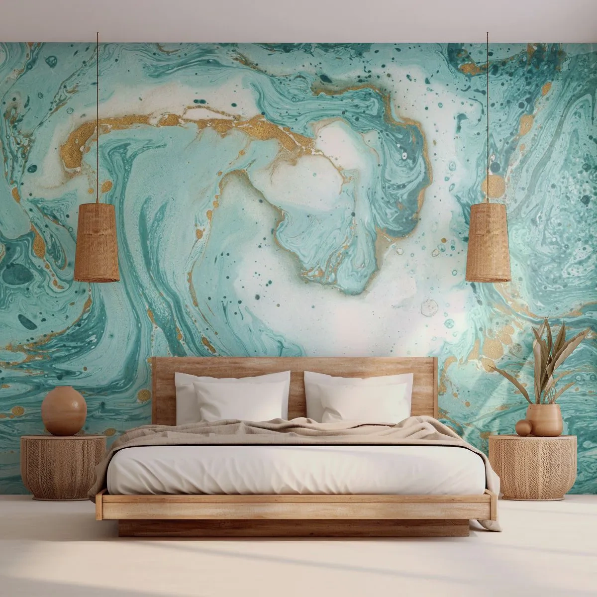 Fototapeta Premium Sand - Abstrakcyjna kompozycja w odcieniach turkusu i złota - 100x70cm - Pod wielką falą z epoki Edo - Nowoczesna dekoracja ścienna do salonu, kuchni i sypialni ARTTOR