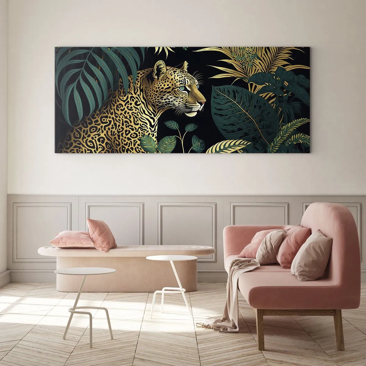 Obraz na szkle - Leopard w tropikalnych liściach na czarnym tle - 140x50cm - Gospodarz w dżungli - Nowoczesna dekoracja ścienna do salonu i sypialni ARTTOR