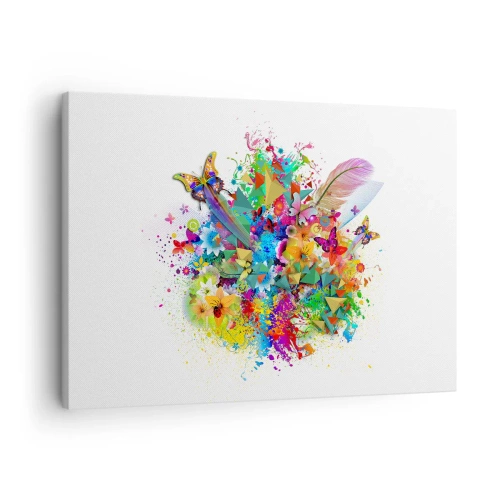 Obraz na płótnie - Kolorowy motyw z kwiatami i motylami - 70x50cm - Bukiet radości - Nowoczesna dekoracja ścienna do salonu i sypialni ARTTOR