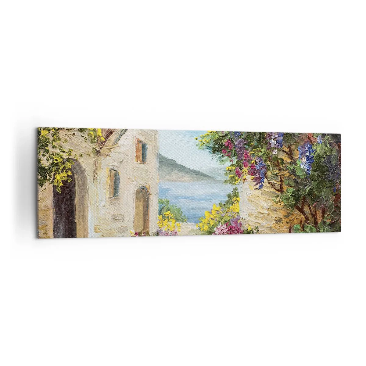 Obraz na płótnie - Nadmorski krajobraz z kamiennymi budynkami i kwiatami - 160x50cm - Urok nadmorskiej prowincji - Nowoczesna dekoracja ścienna do salonu i sypialni ARTTOR